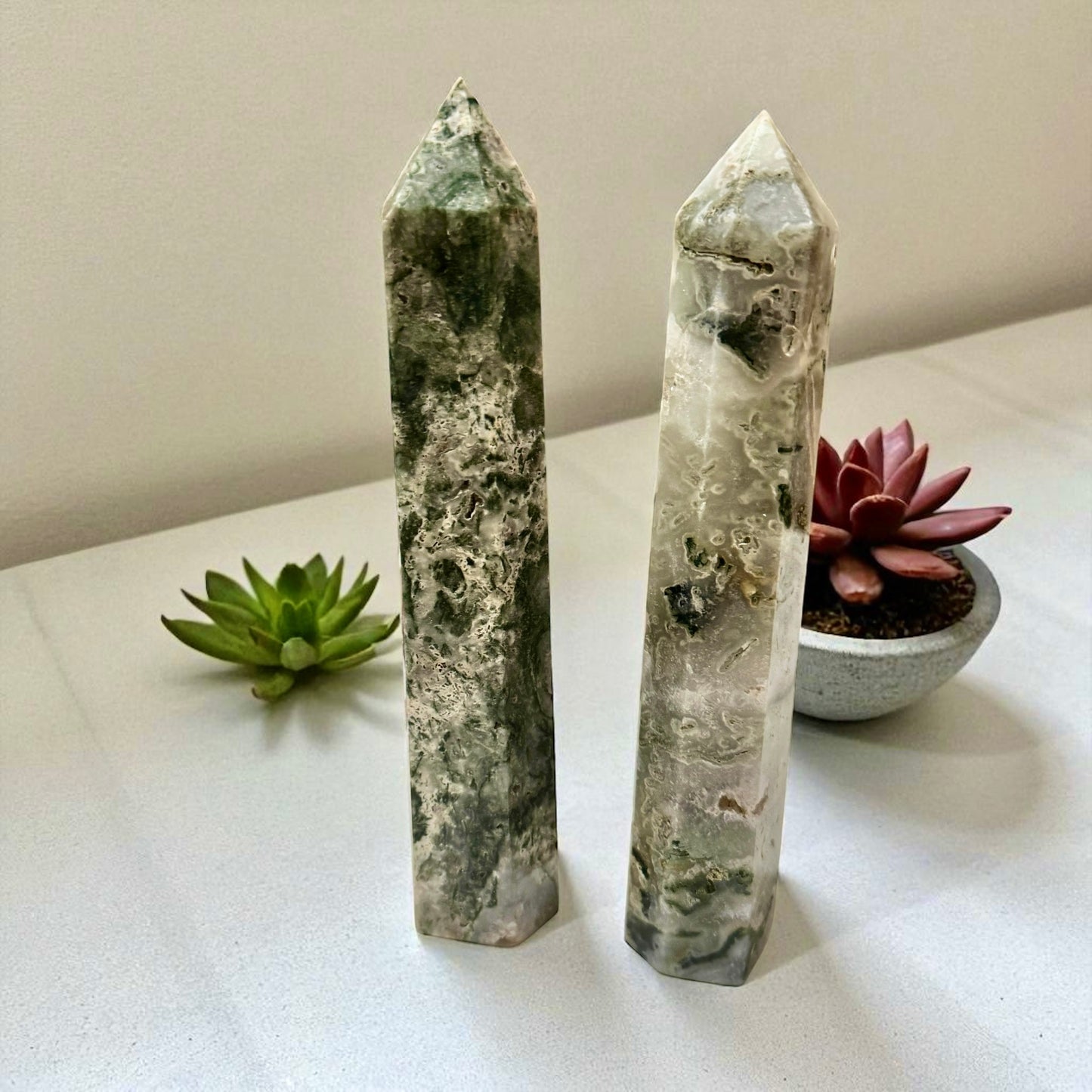 Moss Agate Large Tower Points (Money Grows) - Pre-coded & Activated