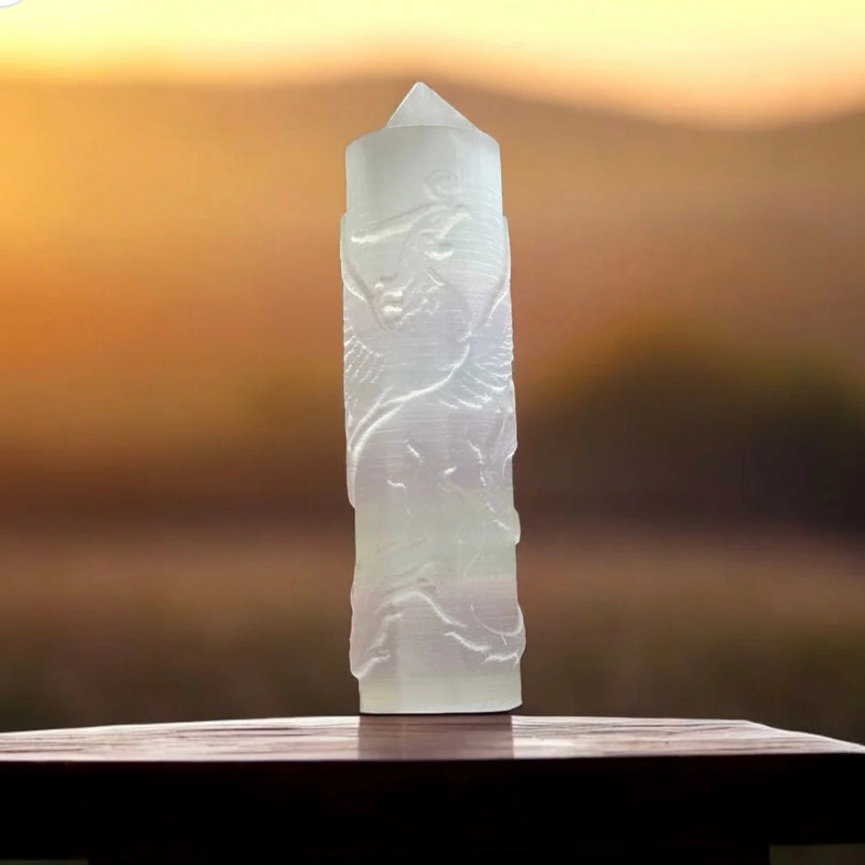 Selenite Phoenix Carved Tower 10cm (Pre-coded & Activated) Other Half of Selenite Dragon Tower