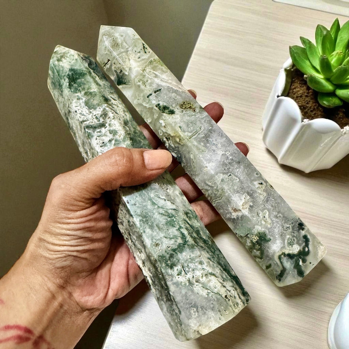 Moss Agate Large Tower Points (Money Grows) - Pre-coded & Activated