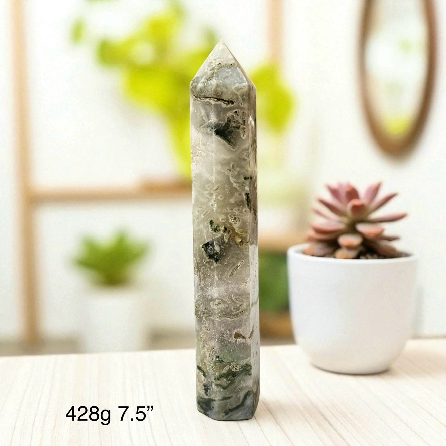 Moss Agate Large Tower Points (Money Grows) - Pre-coded & Activated