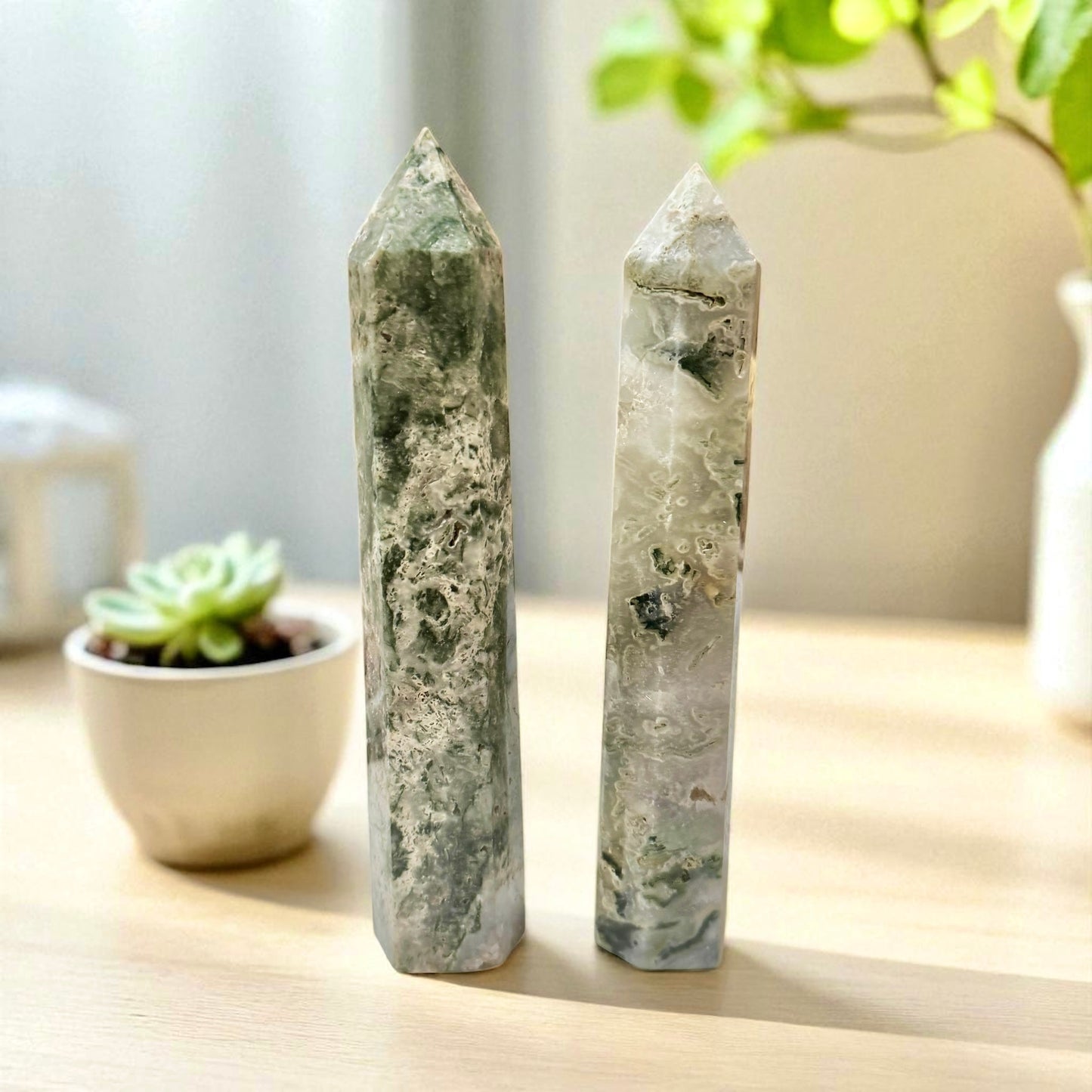 Moss Agate Large Tower Points (Money Grows) - Pre-coded & Activated