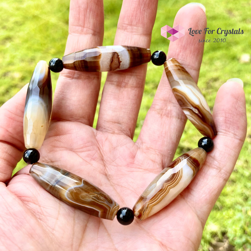 Banded Agate (Long Beads) With Black Onyx Bracelet(Remedy For Stability And Protection) Bracelet