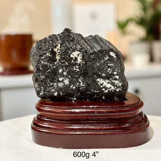 Black Tourmaline Large Raw with Wooden Stand - Brazil AAA grade (Pre-activated)
