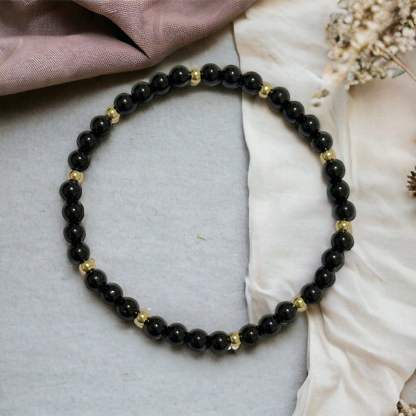 Black Tourmaline 4mm with 14k gold filled beads (Protection)