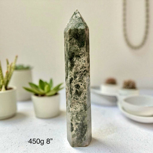 Moss Agate Large Tower Points (Money Grows) - Pre-coded & Activated