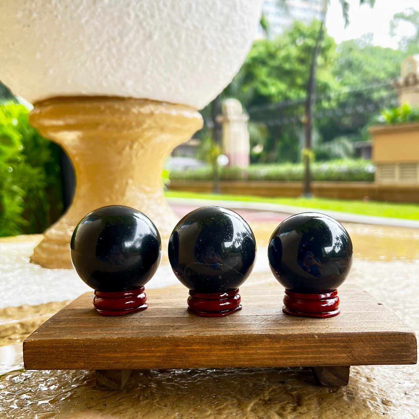 Black Tourmaline Sphere (Brazil) with wooden stand