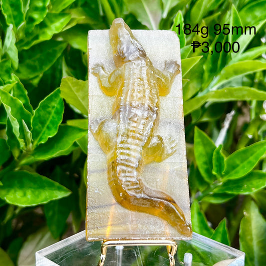 Yellow Fluorite Crocodile Carving Slab