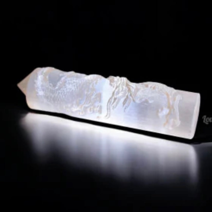 Selenite Dragon Tower (10cm) Morocco Light of the Ancients – Guardian of Clarity (Pre-coded, Activated)