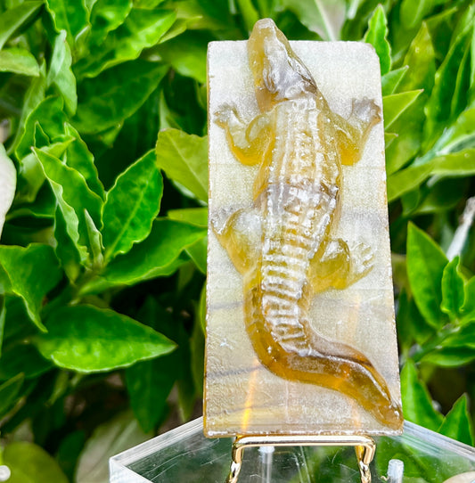 Yellow Fluorite Crocodile Carving Slab