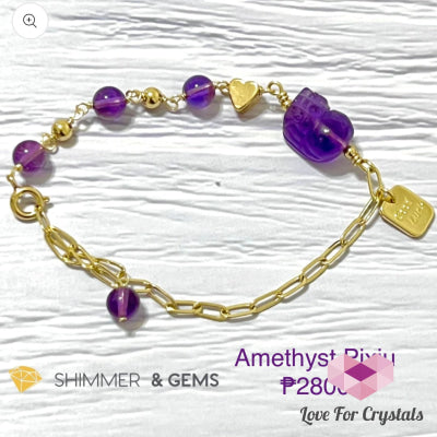 Amethyst Pixiu With Good Luck Tag Stainless Steel Bracelet (Shimmer & Gems)