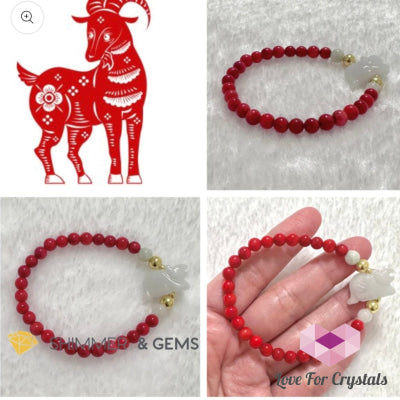 Animal Zodiac Goat Burma Jade With Red Coral Bracelet (Feng Shui 2024) Bracelets