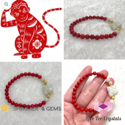 Animal Zodiac Monkey Burma Jade With Red Coral Bracelet (Feng Shui 2024) Bracelets
