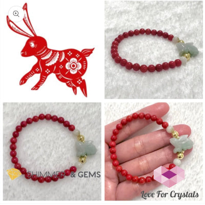 Animal Zodiac Rabbit Burma Jade With Red Coral Bracelet (Feng Shui 2024) Bracelets