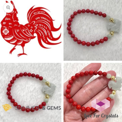 Animal Zodiac Rooster Burma Jade With Red Coral Bracelet (Feng Shui 2024) Bracelets