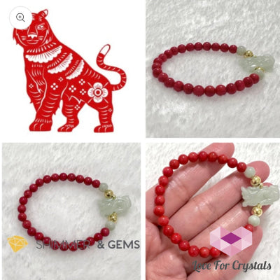 Animal Zodiac Tiger Burma Jade With Red Coral Bracelet (Feng Shui 2024 Bracelets