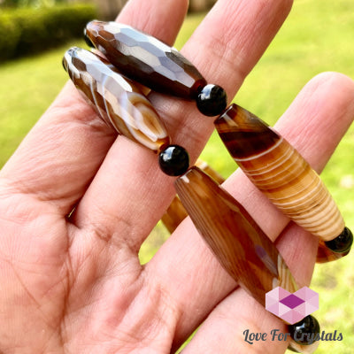 Banded Agate (Long Beads) With Black Onyx Bracelet(Remedy For Stability And Protection) Bracelet