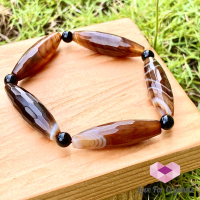 Banded Agate (Long Beads) With Black Onyx Bracelet(Remedy For Stability And Protection) Bracelet