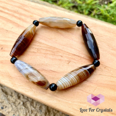 Banded Agate (Long Beads) With Black Onyx Bracelet(Remedy For Stability And Protection) Bracelet