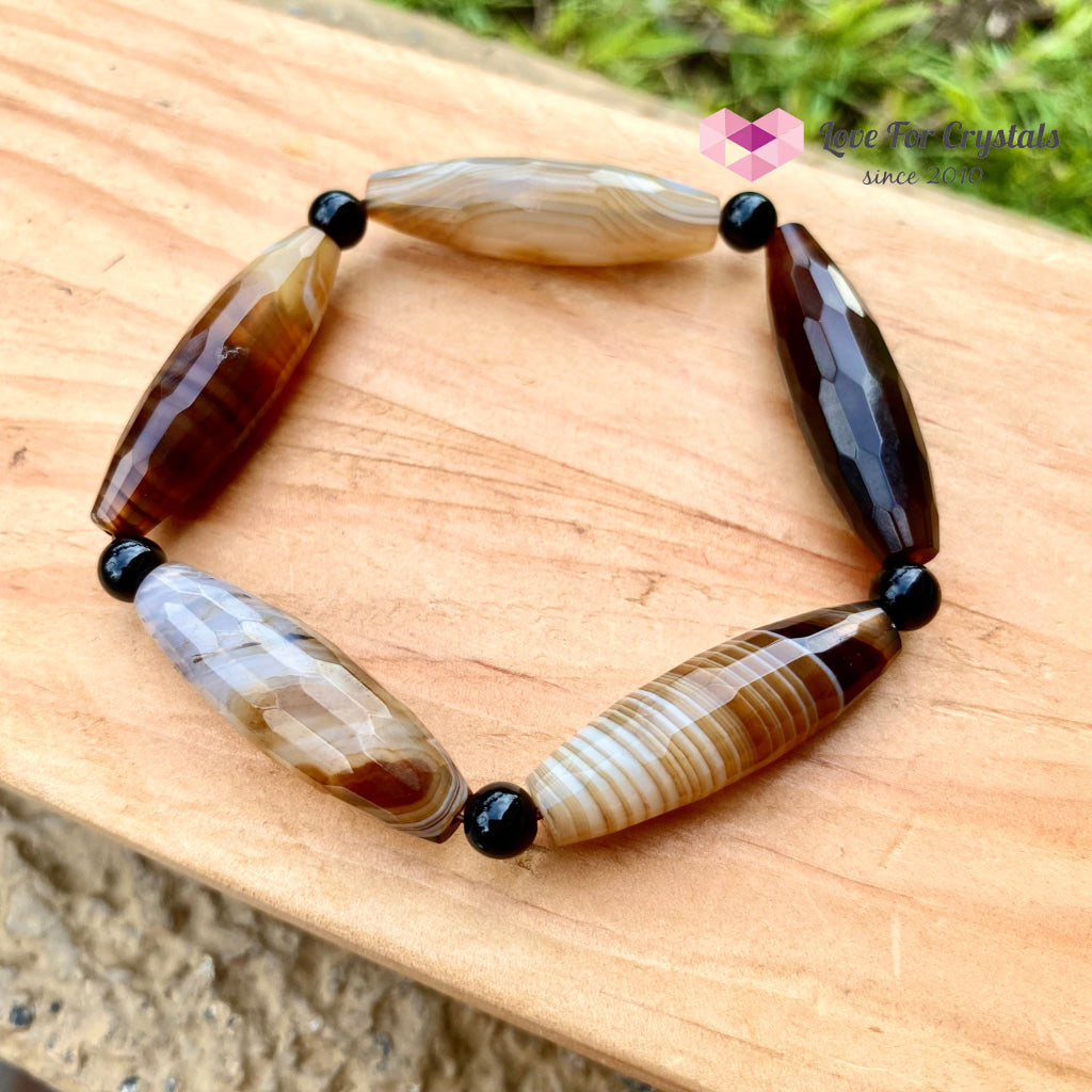 Banded Agate (Long Beads) With Black Onyx Bracelet(Remedy For Stability And Protection) Bracelet
