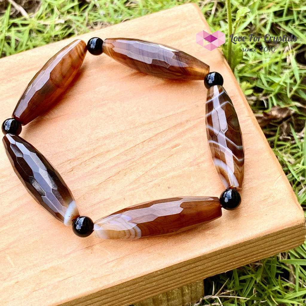 Banded Agate (Long Beads) With Black Onyx Bracelet(Remedy For Stability And Protection) Bracelet