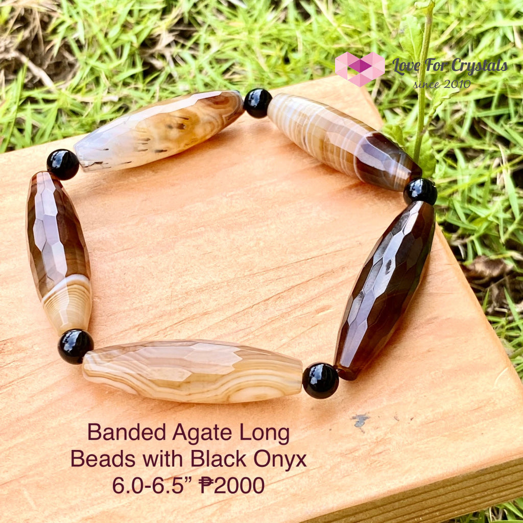 Banded Agate (Long Beads) With Black Onyx Bracelet(Remedy For Stability And Protection) Bracelet