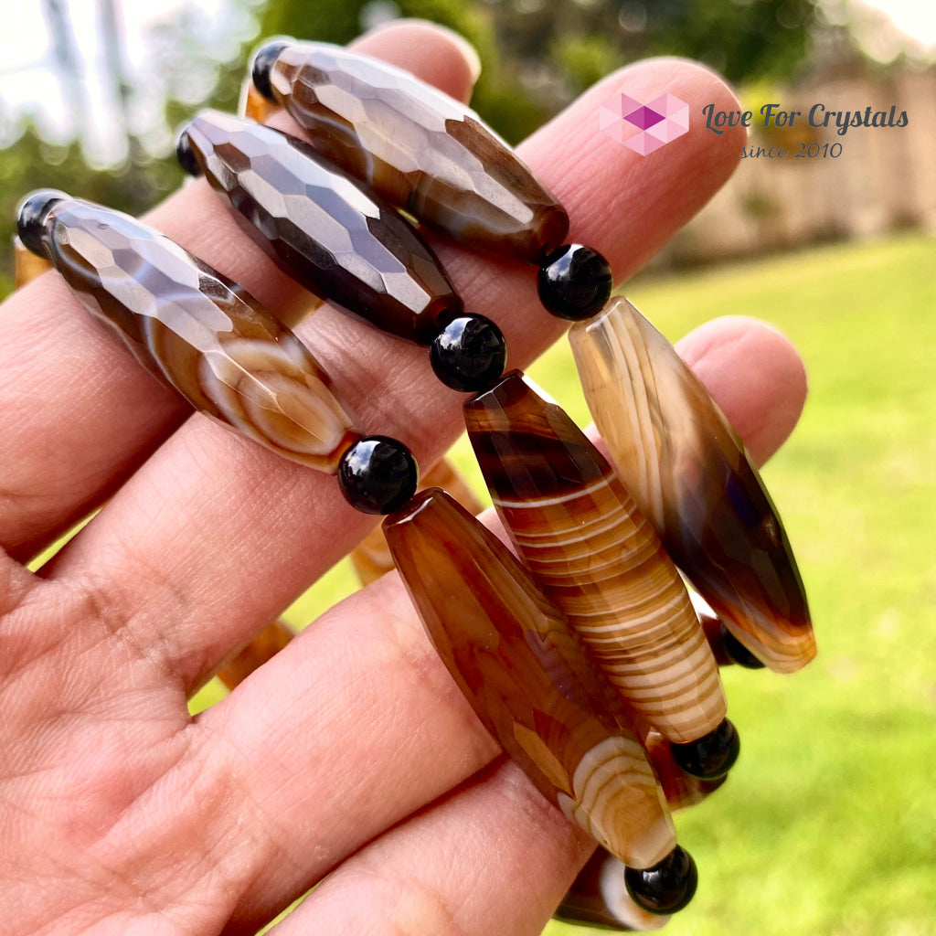 Banded Agate (Long Beads) With Black Onyx Bracelet(Remedy For Stability And Protection) 6.0-6.5