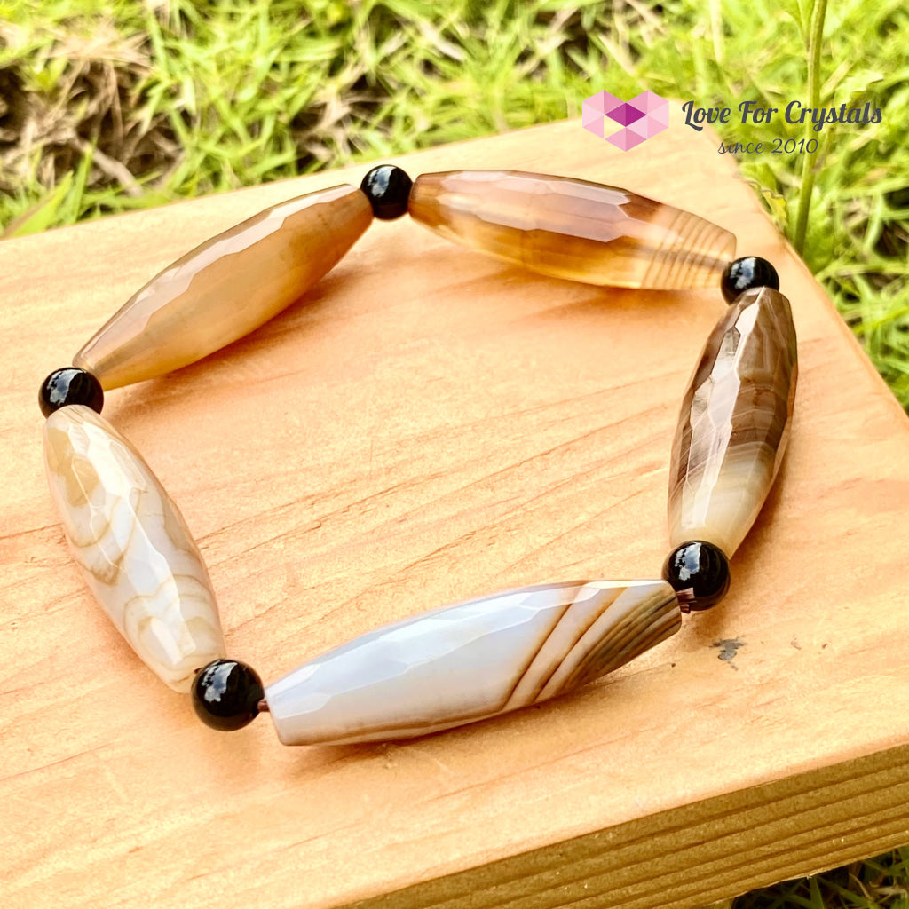 Banded Agate (Long Beads) With Black Onyx Bracelet(Remedy For Stability And Protection) Bracelet