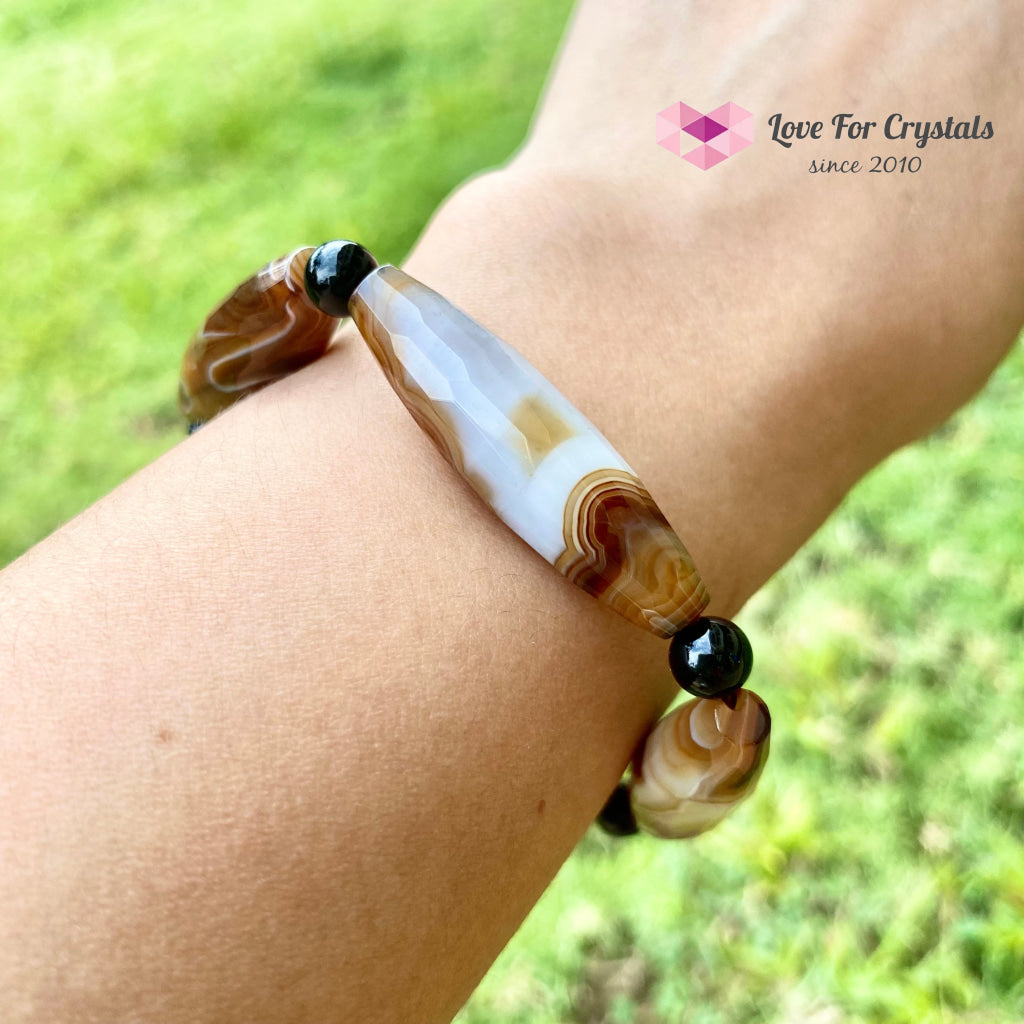 Banded Agate (Long Beads) With Black Onyx Bracelet(Remedy For Stability And Protection) Bracelet