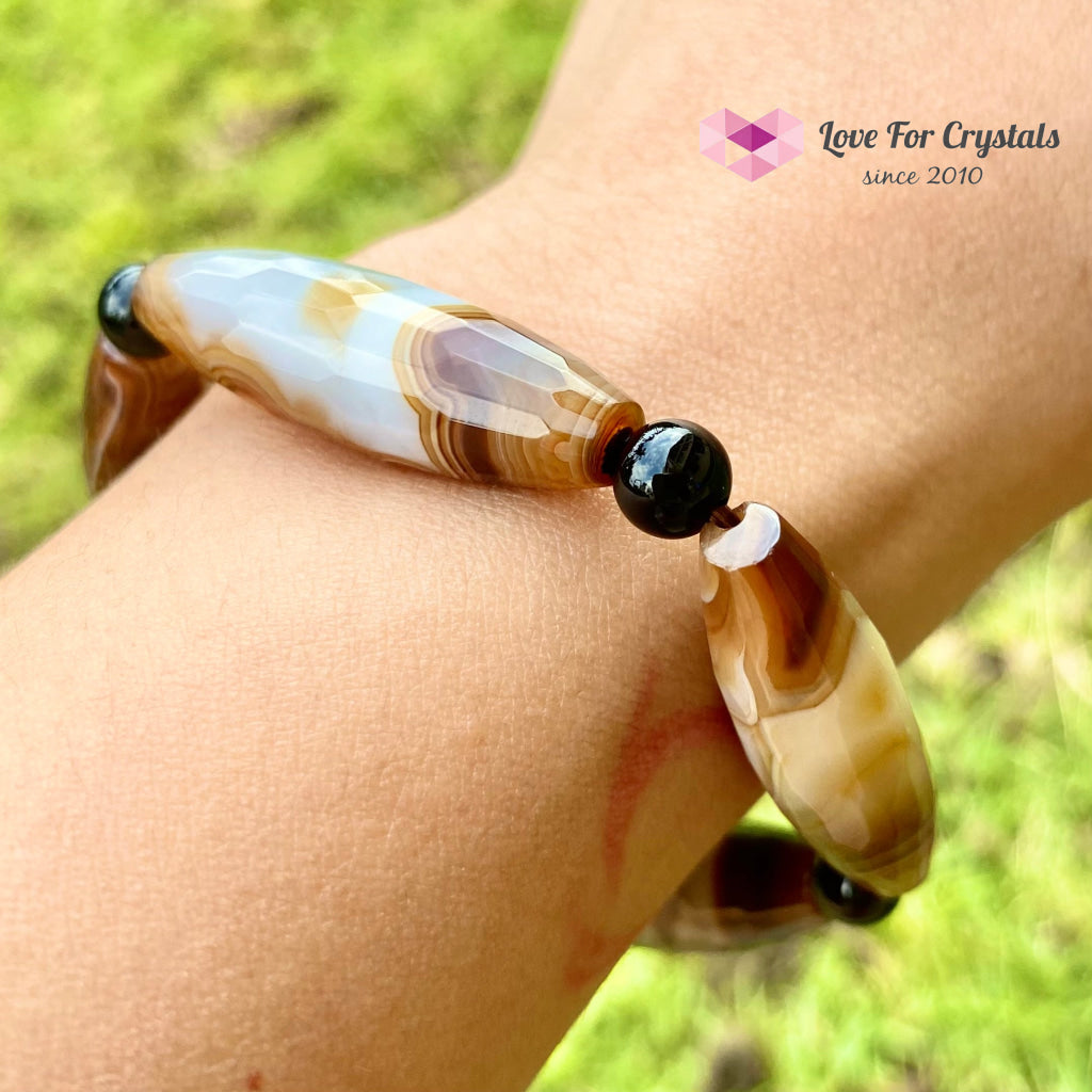 Banded Agate (Long Beads) With Black Onyx Bracelet(Remedy For Stability And Protection) Bracelet