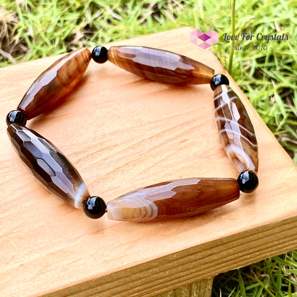 Banded Agate (Long Beads) With Black Onyx Bracelet(Remedy For Stability And Protection) Bracelet