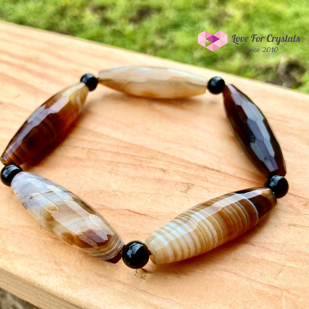 Banded Agate (Long Beads) With Black Onyx Bracelet(Remedy For Stability And Protection) Bracelet