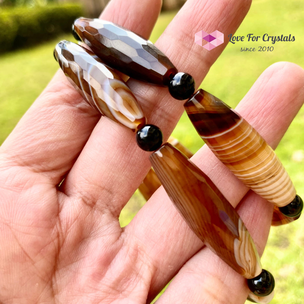 Banded Agate (Long Beads) With Black Onyx Bracelet(Remedy For Stability And Protection) Bracelet