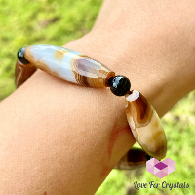 Banded Agate (Long Beads) With Black Onyx Bracelet(Remedy For Stability And Protection) Bracelet