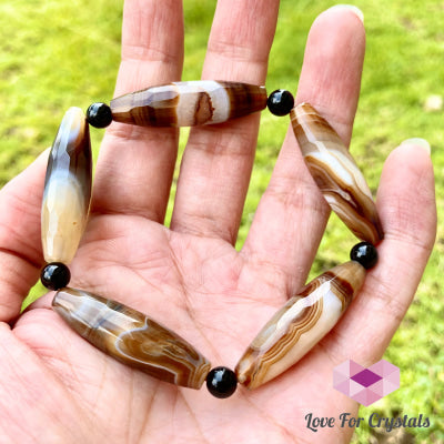 Banded Agate (Long Beads) With Black Onyx Bracelet(Remedy For Stability And Protection) Bracelet