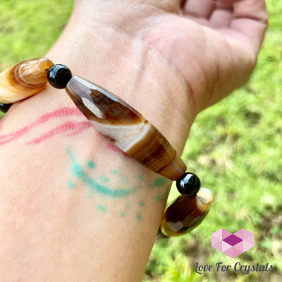 Banded Agate (Long Beads) With Black Onyx Bracelet(Remedy For Stability And Protection) Bracelet