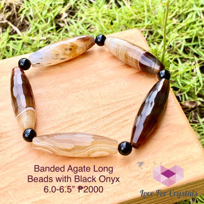 Banded Agate (Long Beads) With Black Onyx Bracelet(Remedy For Stability And Protection) Bracelet