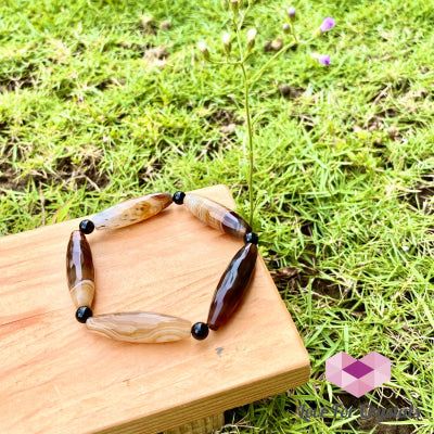 Banded Agate (Long Beads) With Black Onyx Bracelet(Remedy For Stability And Protection) Bracelet