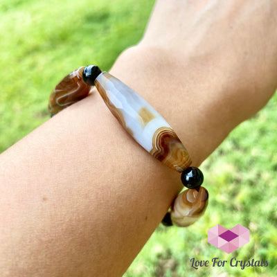 Banded Agate (Long Beads) With Black Onyx Bracelet(Remedy For Stability And Protection) Bracelet