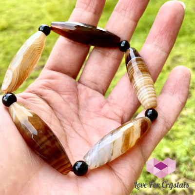 Banded Agate (Long Beads) With Black Onyx Bracelet(Remedy For Stability And Protection) Bracelet