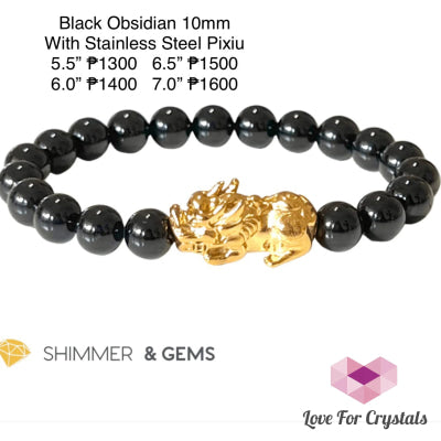 Black Obsidian 10Mm With Stainless Steel Pixiu 6.5 Bracelet