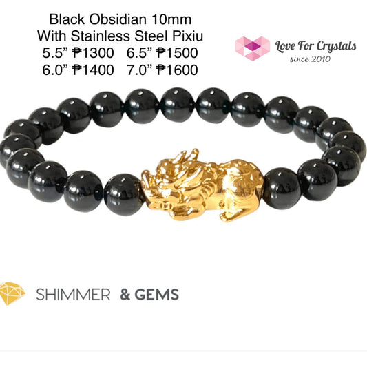 Black Obsidian 10Mm With Stainless Steel Pixiu 6.5 Bracelet