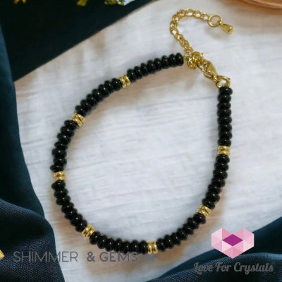 Black Onyx 4Mm Rondelle Bracelet With Stainless Steel Chain Bracelets