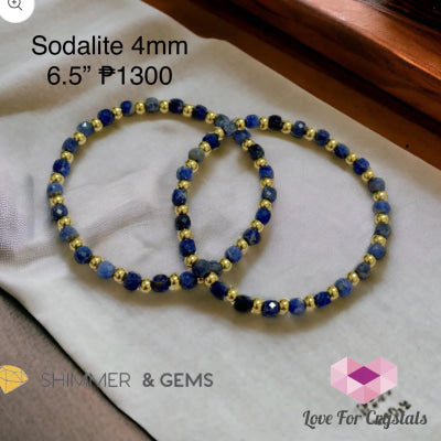 Blue Sodalite Cube (4Mm) Bracelet With Stainless Steel Beads 6.5”