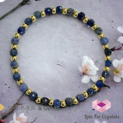 Blue Sodalite Cube (4Mm) Bracelet With Stainless Steel Beads