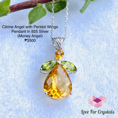 Citrine Angel With Peridot Wings Pendant In 925 Silver (Money Angel) - Shimmer And Gems 16X21Mm