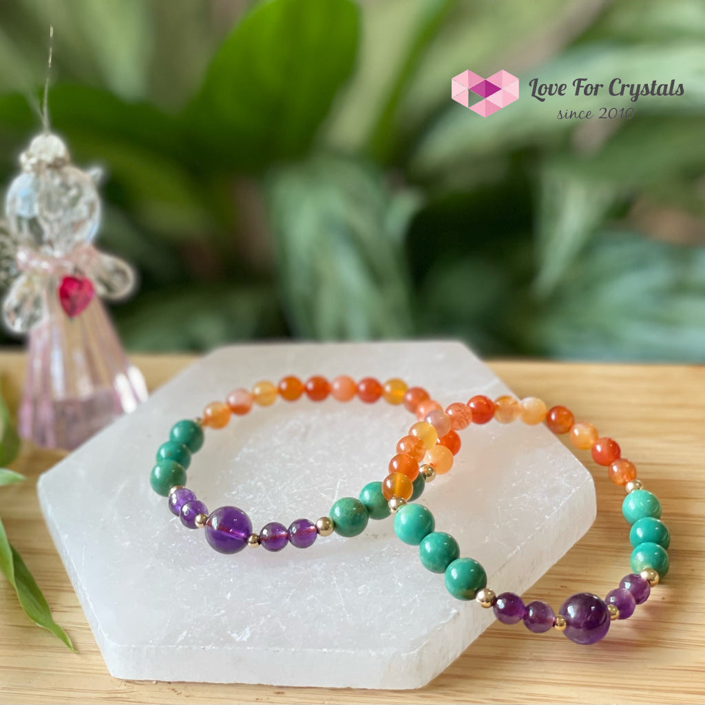 Confidence And Communication Bracelet (Carnelian Turquoise Amethyst With 14K Gold-Filled Beads) 5.5