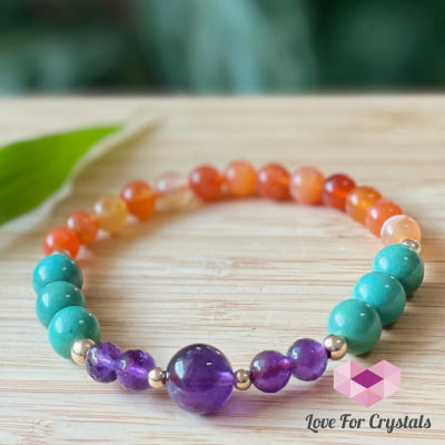 Confidence And Communication Bracelet (Carnelian Turquoise Amethyst With 14K Gold-Filled Beads) 6.5