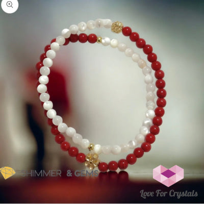 Energy Balance Infinity Bracelet (Red Coral & Mother Of Pearl 4Mm With 14K Gold Plated Copper
