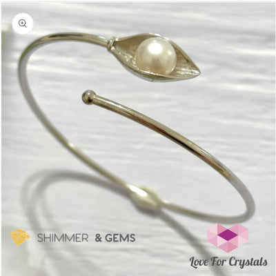 Freshwater Pearl 9Mm Round 925 Silver Bangle Free Size Bracelet