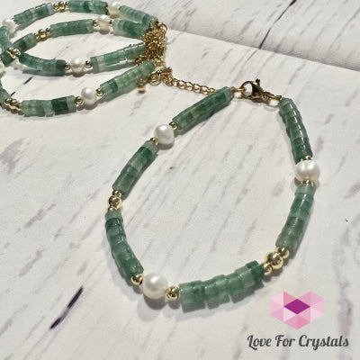 Green Aventurine With Pearl In Stainless Steel Chain (Adjustable Size) Adjustable 5.5” - 7.0”